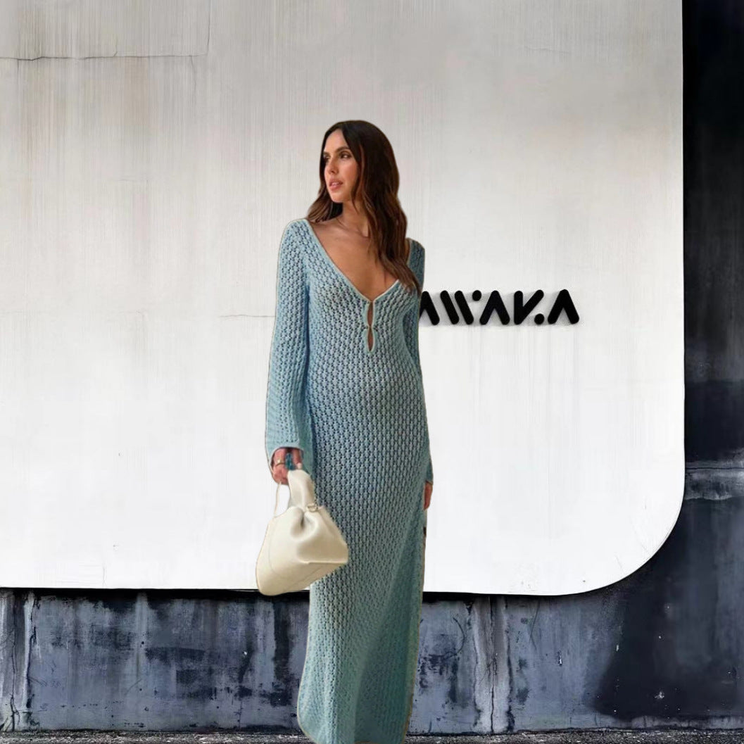 Robe maxi tricot pour femmes avec décolleté en V profond et détails de volants tendance Chic und Stil