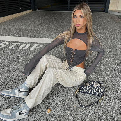 Dames Élégant haut avec devant lacé et manches transparentes Chic und Stil