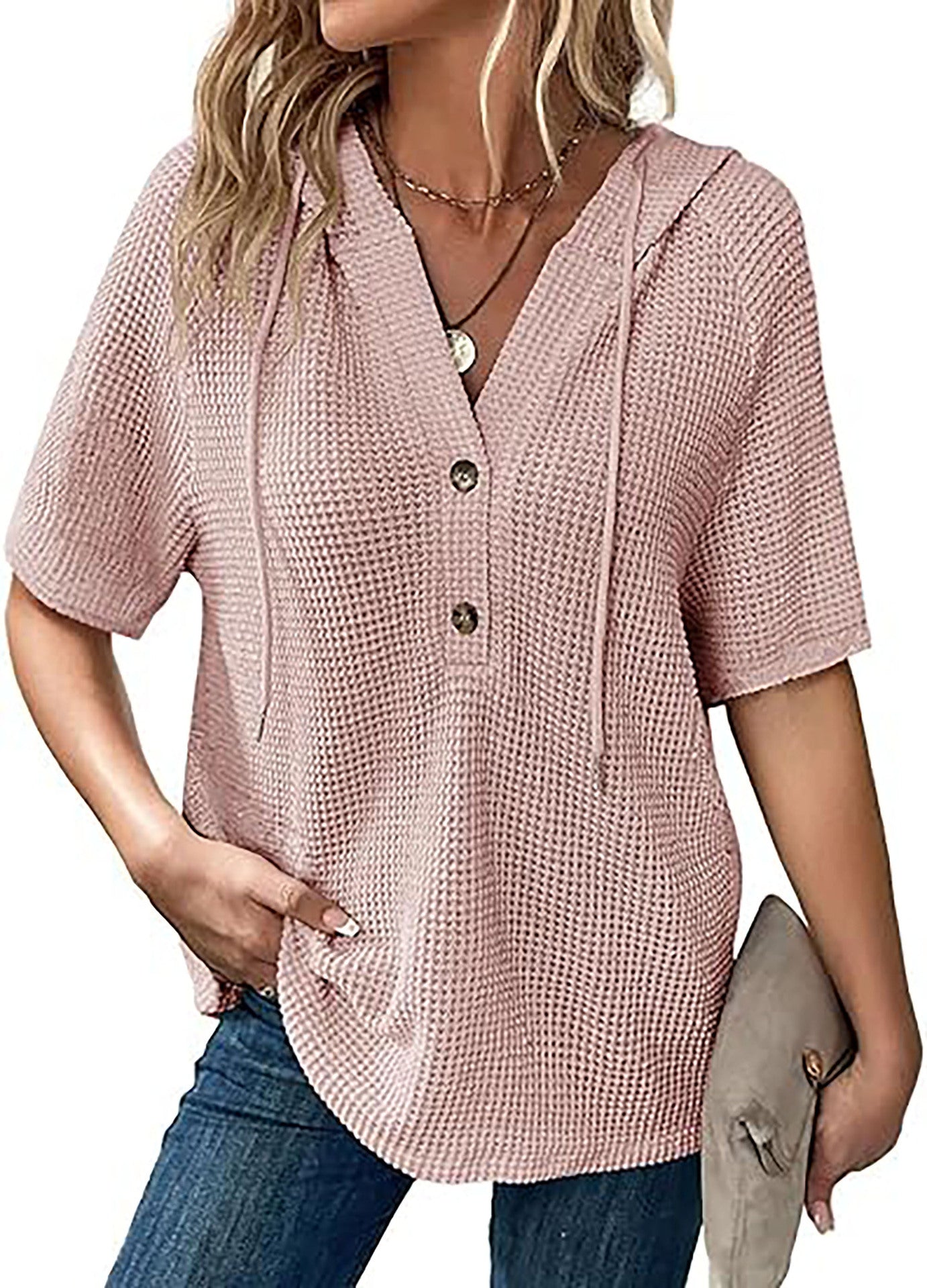 Women's short-sleeved waffle-knit blouse with hood and button placket Chic und Stil