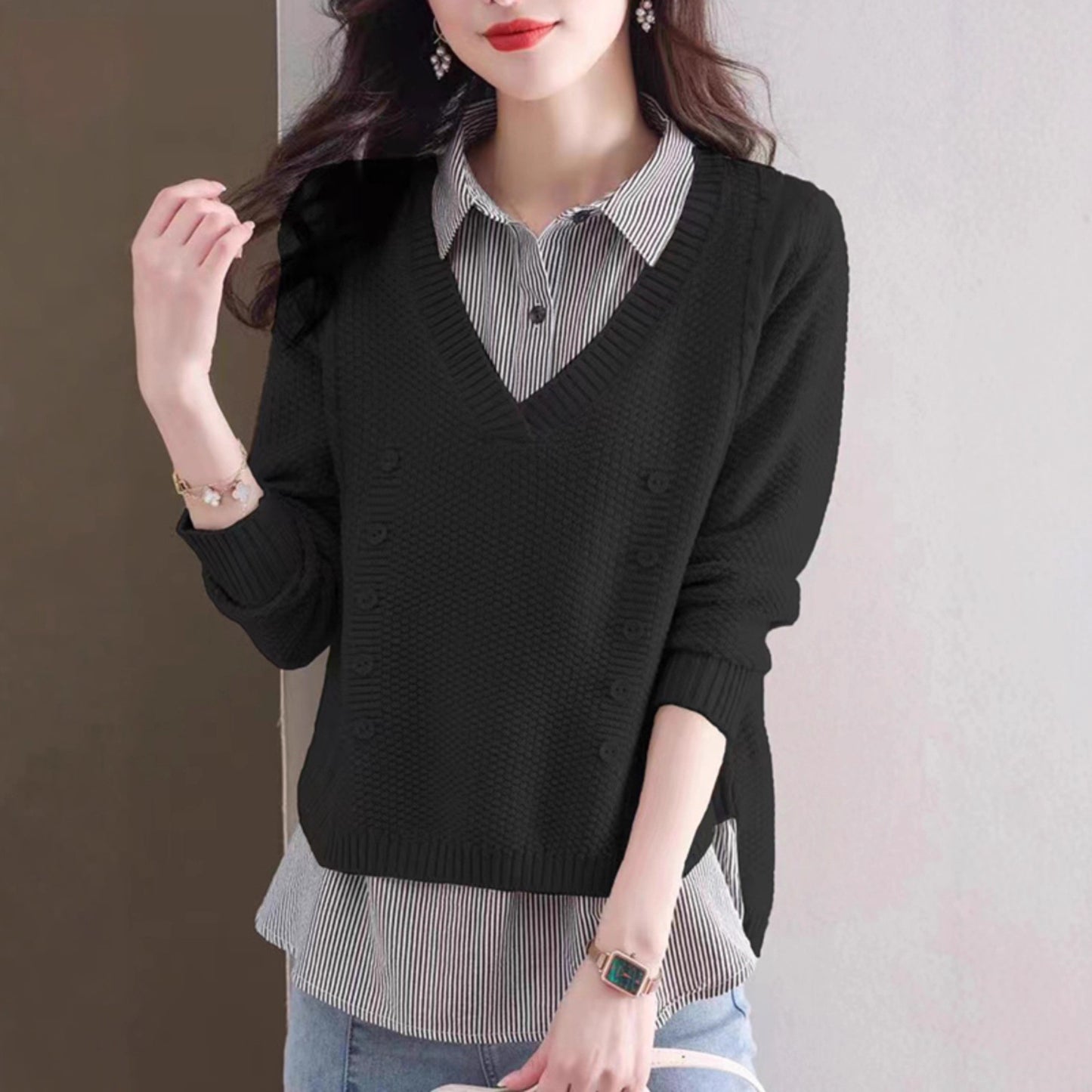 Pull en tricot à col en V pour femmes avec détails en boutons Chic und Stil