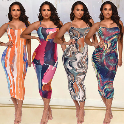 Women's Chic and Elegant Abstract Pattern Fitted Midi Dress