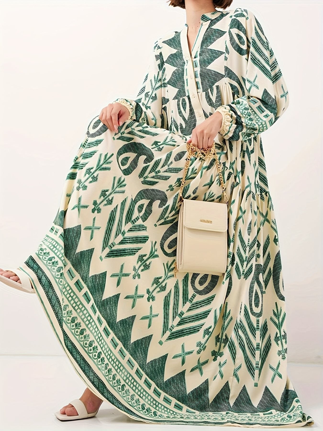 Robe maxi femme avec motif géométrique artistique et détails de boutons Chic und Stil
