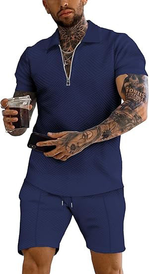 Men's trendy short-sleeve top with textured design and matching shorts Chic and Style