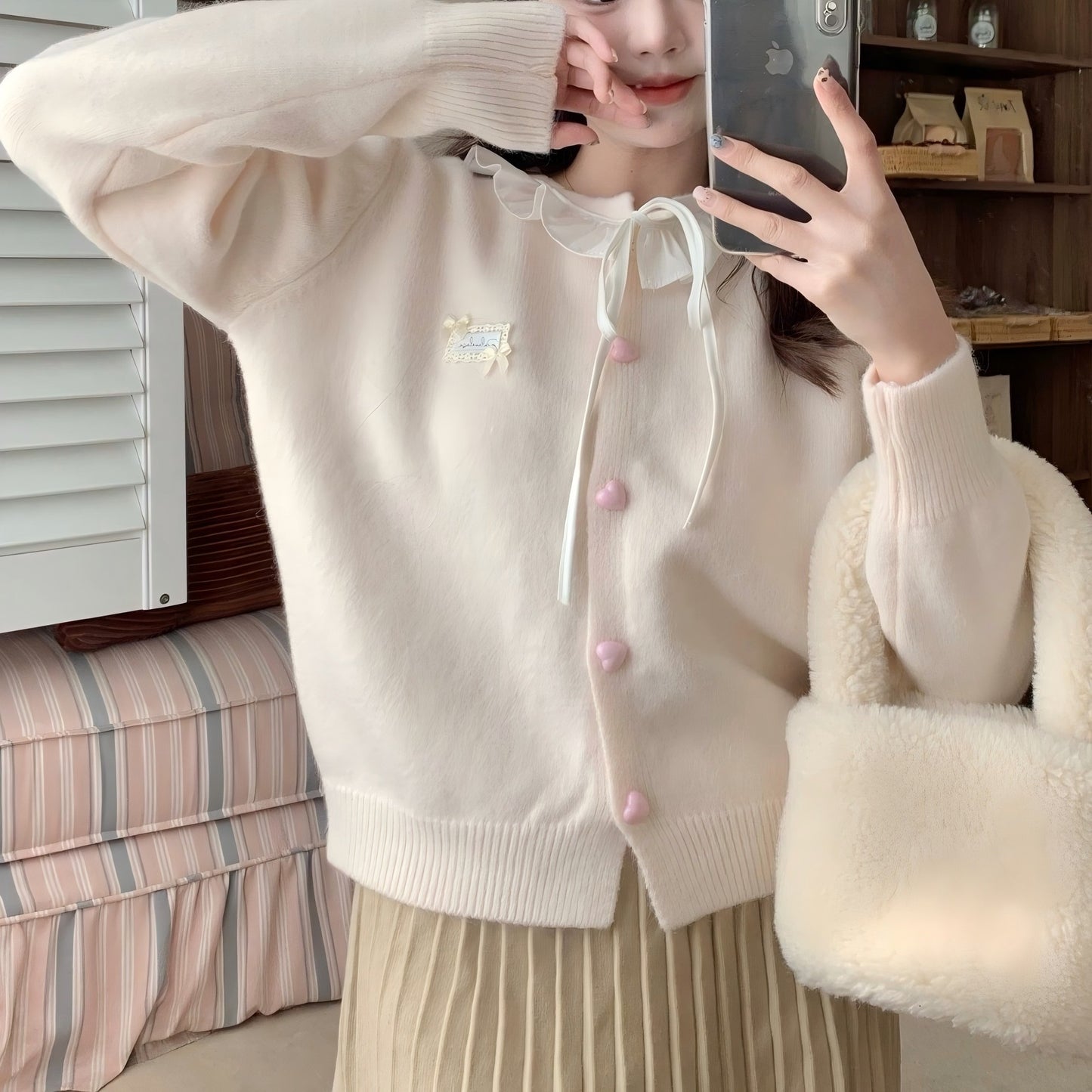 Dames cardigan ludique avec détail volant et boutons ressemblant à des perles Chic und Stil