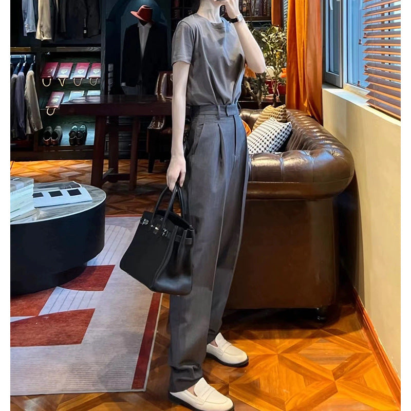 Oversized button-up blouse set for women and high-waisted pants Chic und Stil