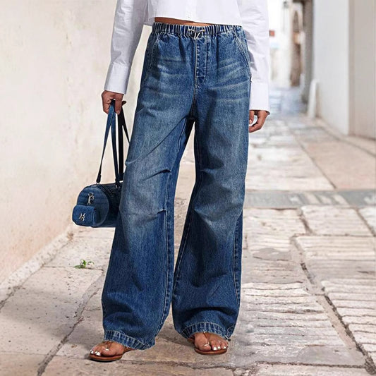 High-waisted Flared Denim Pants for Women with Elastic Waist Chic and Style