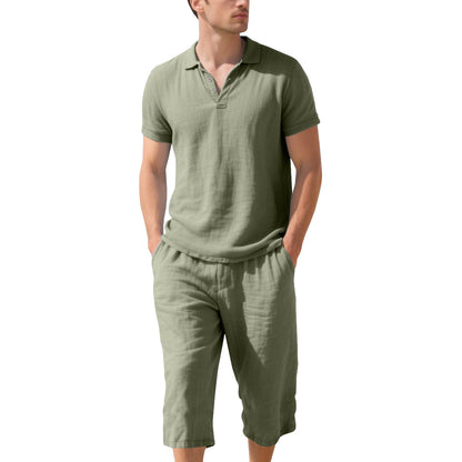 Polo shirt décontracté à manches courtes pour hommes avec shorts en lin élastiques Chic und Stil
