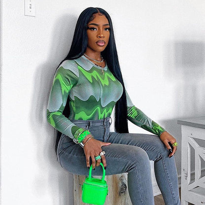 Bodysuit graphique à manches longues pour femmes chic et élégant