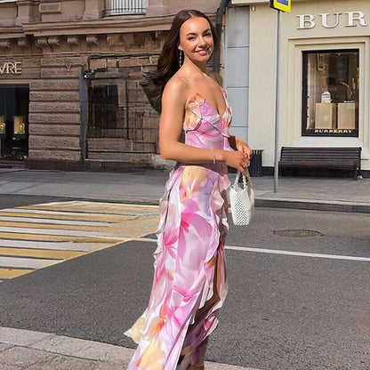 Robe maxi pour femmes avec design floral et détails de volants raffinés Chic und Stil