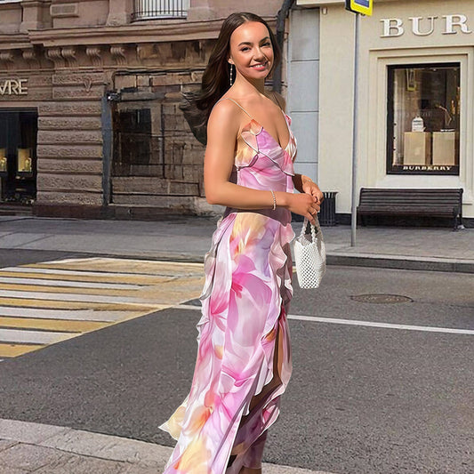 Robe maxi pour femmes avec design floral et détails de volants raffinés Chic und Stil