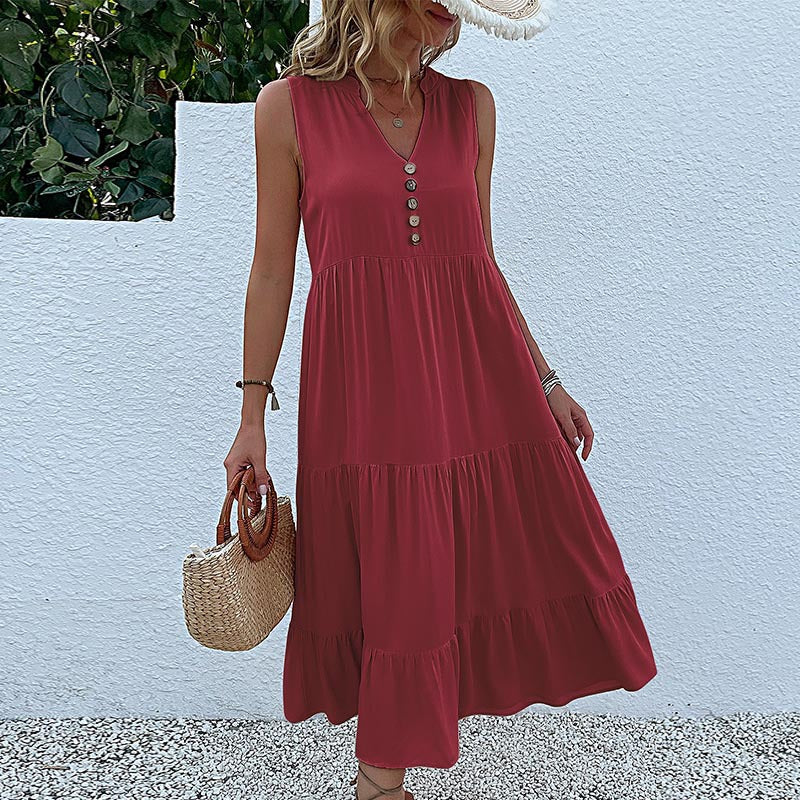 Robe maxi sans manches à volants pour femmes avec détail bouton Chic und Stil
