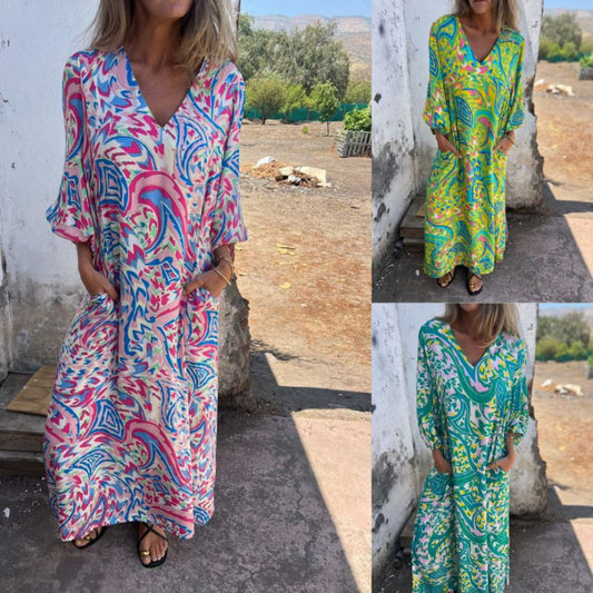 Robe maxi décontractée pour femmes avec décolleté en V et manches volumineuses Chic und Stil