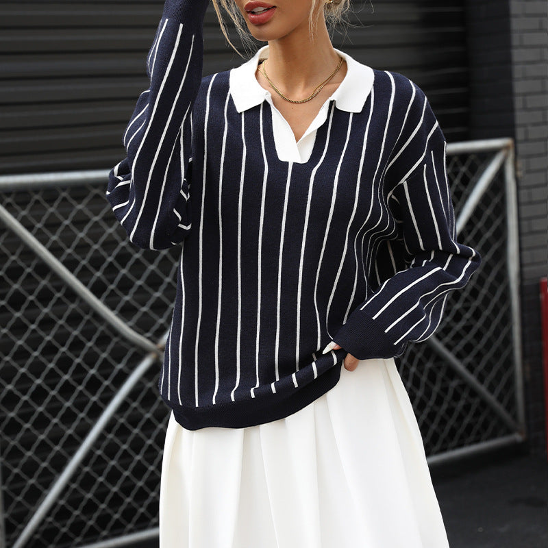 Pull en tricot pour dames avec col élégant et motif rayé Chic und Stil
