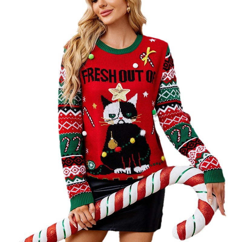 Funny Christmas sweater for women with cat pattern Chic and Style