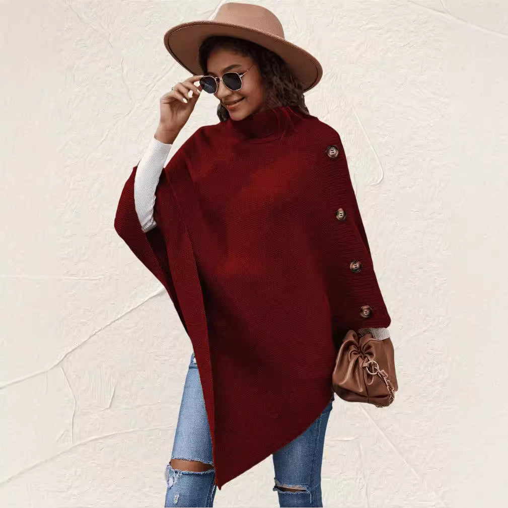 Dames élégante poncho avec col haut et boutons décoratifs Chic und Stil