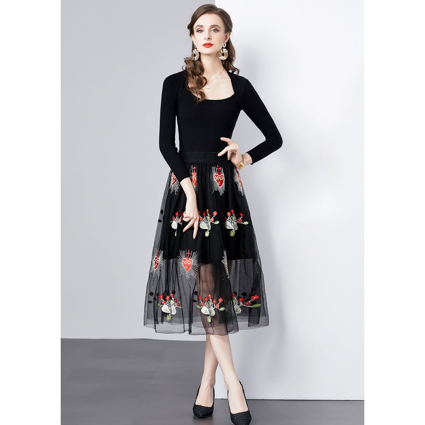 Dames Élégante Robe Midi Brodée Chic und Stil