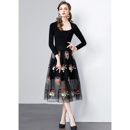 Dames Élégante Robe Midi Brodée Chic und Stil