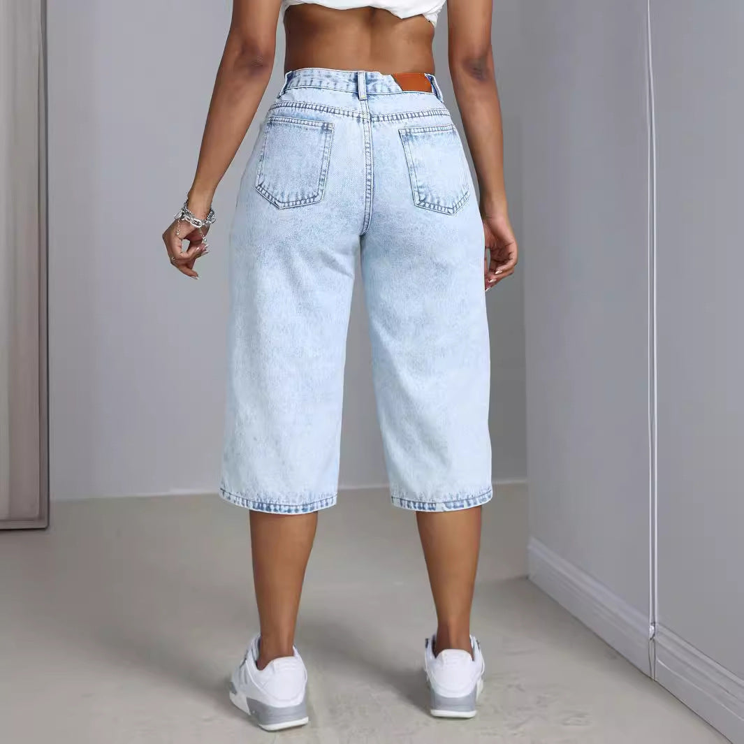 Culottes en denim larges pour dames avec effet de lavage à la mode Chic und Stil