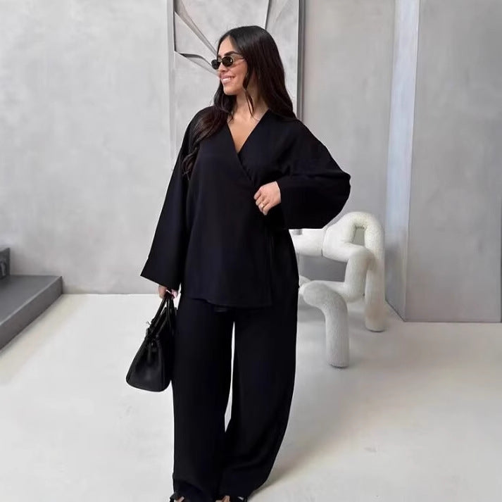 Damen Ensemble composé d'une blouse élégante à décolleté en V et de pantalons palazzo larges Chic und Stil