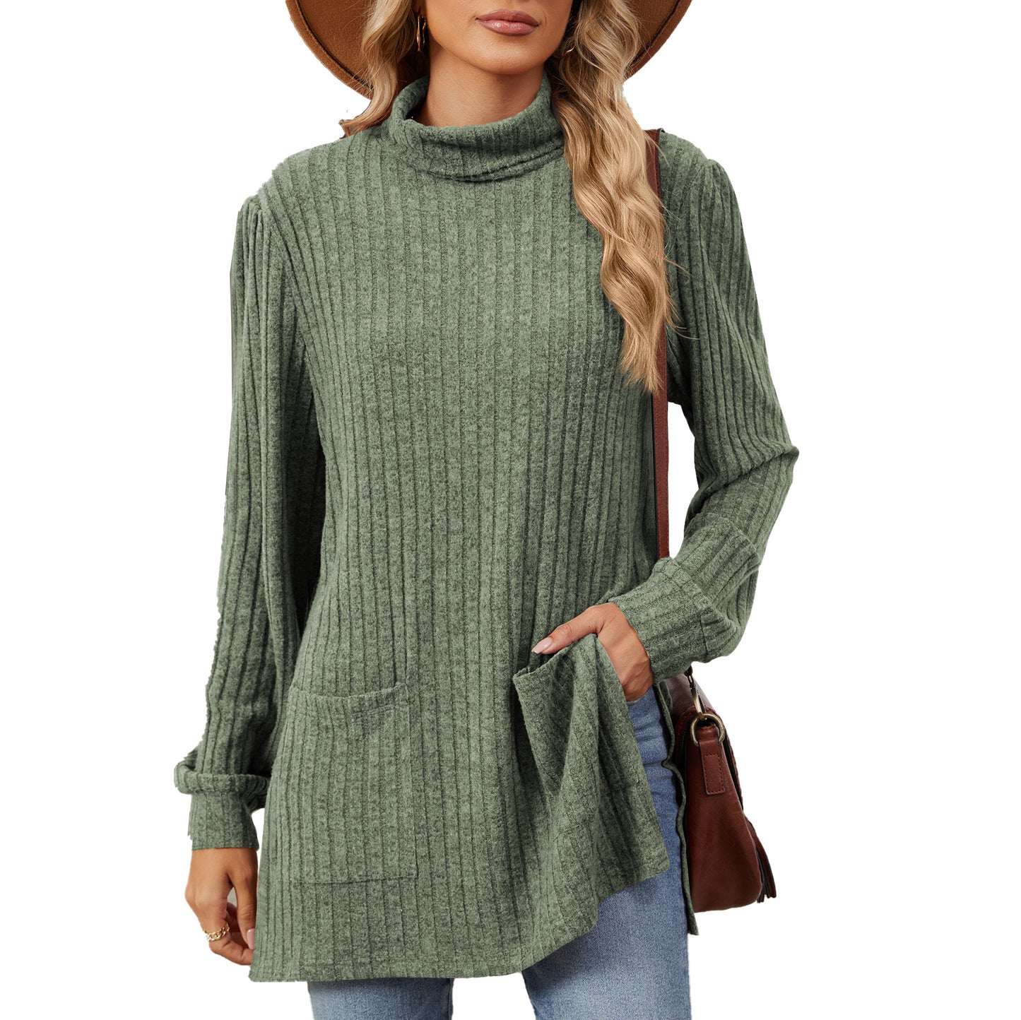 Dames élégant haut en maille structurée avec col montant et poches latérales Chic und Stil