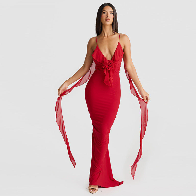 Dames Robe élégante avec détail de volants flottants et longues bandes Chic und Stil