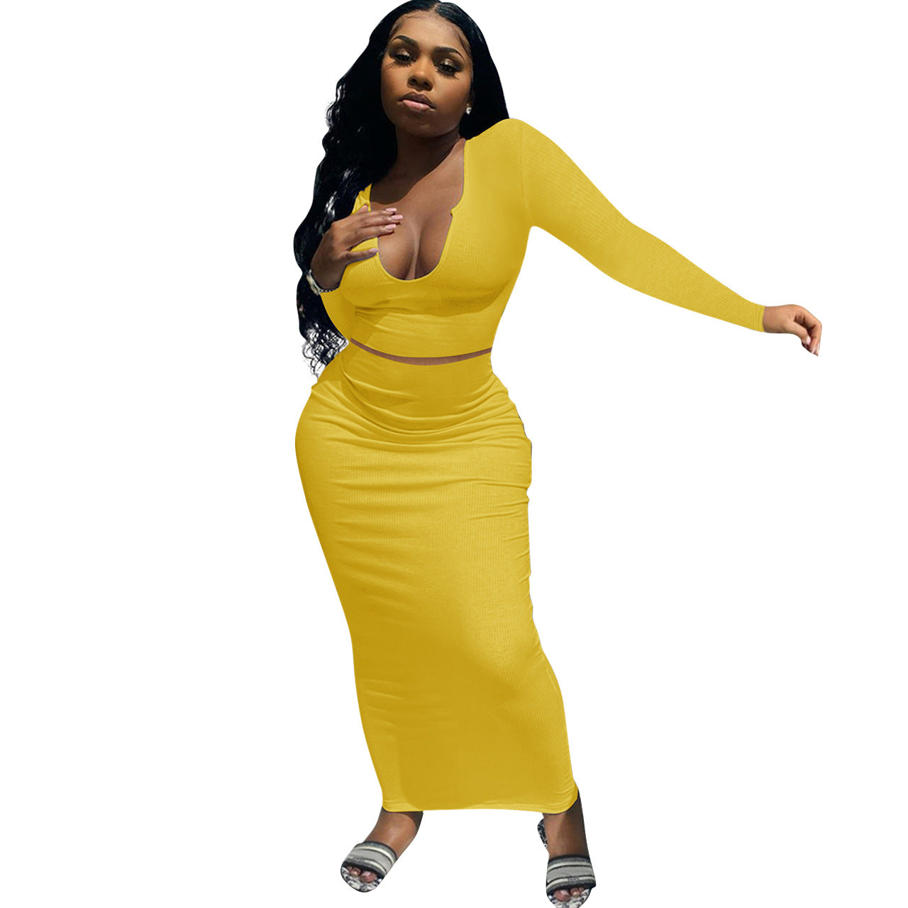 Robe maxi ajustée pour femmes avec manches longues et décolleté en V profond Chic und Stil