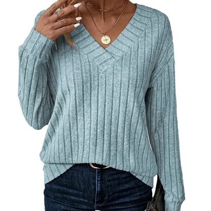 Dames Pull et tricot élégant à encolure en V avec design côtelé Chic und Stil