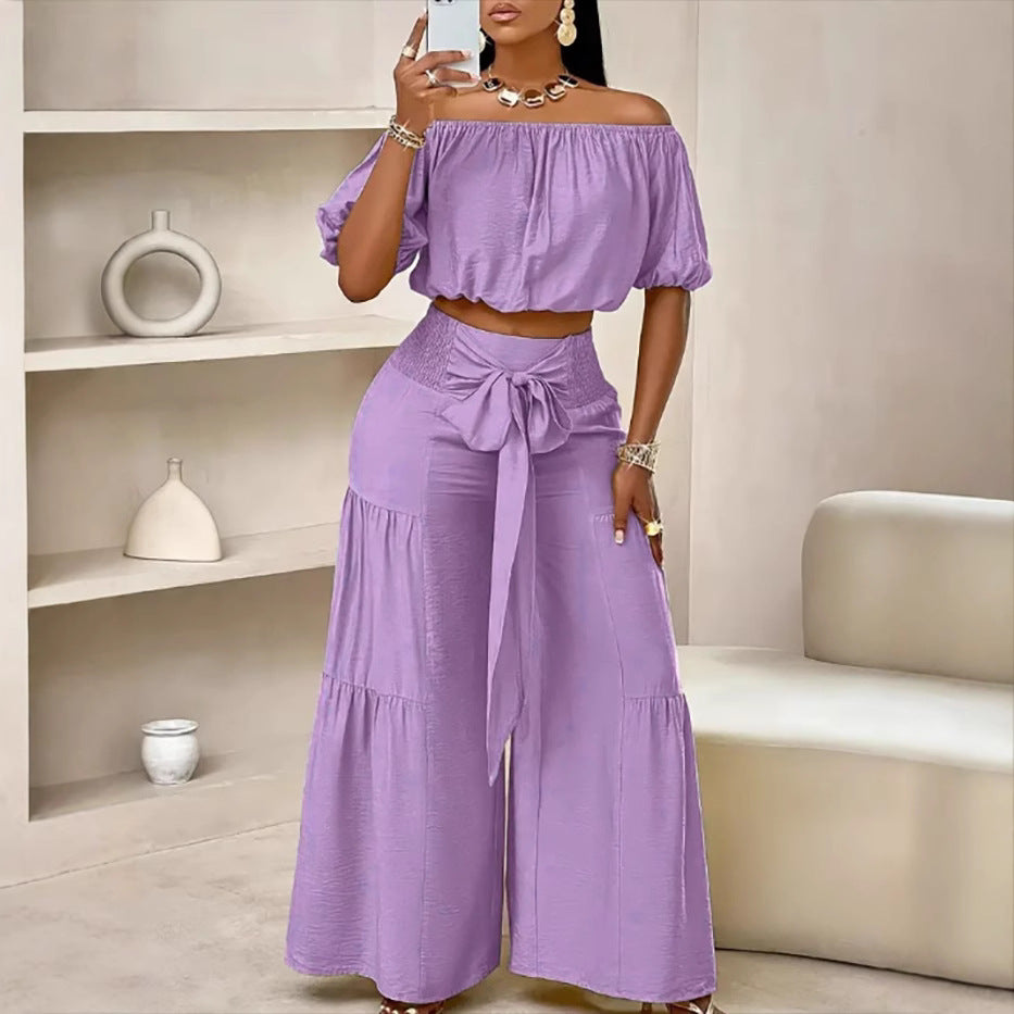 Woman Deep V-Neck Crop Top and High-Waisted Palazzo Pants Chic and Style
