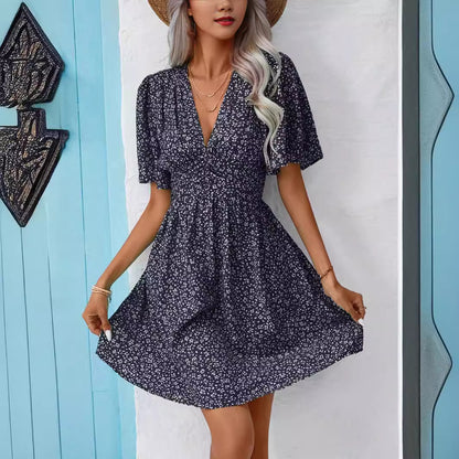 Women's Snowflake Pattern V-Neck Dress with Voluminous Sleeves and Elastic Waistband Chic und Stil