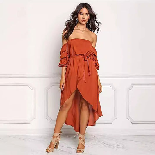 Dames Off-Shoulder Haut-Bas Robe Chic und Stil