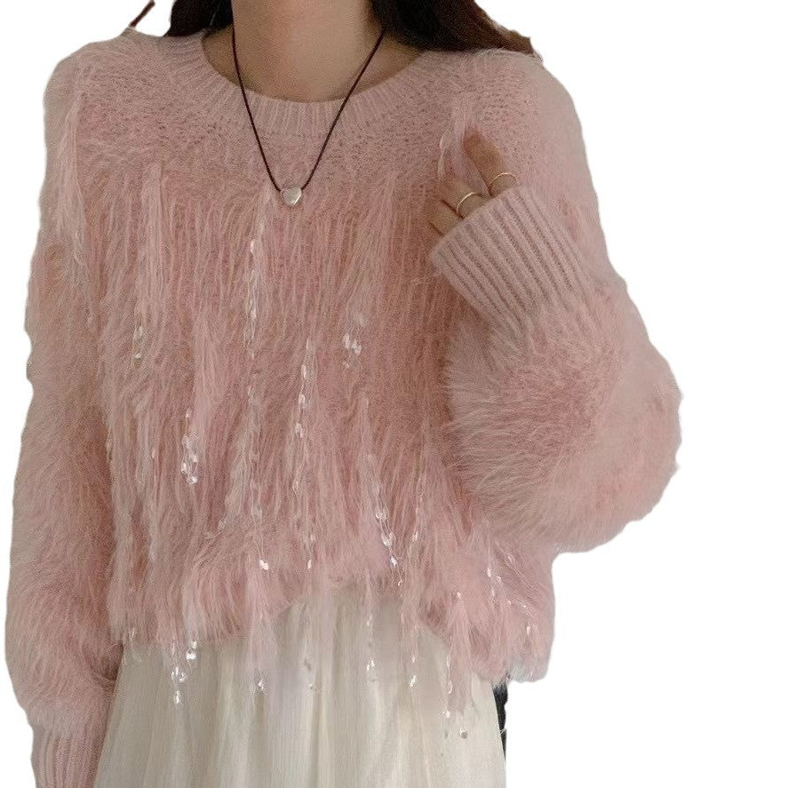 Fuzzy knit sweater for women with unique details Chic and Style