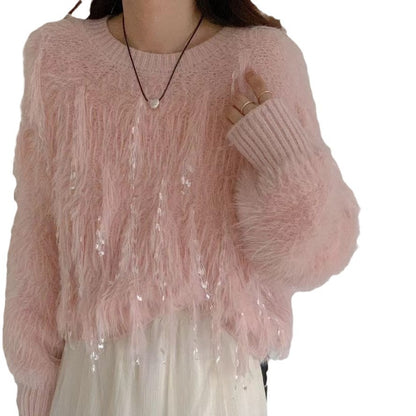 Fuzzy knit sweater for women with unique details Chic and Style