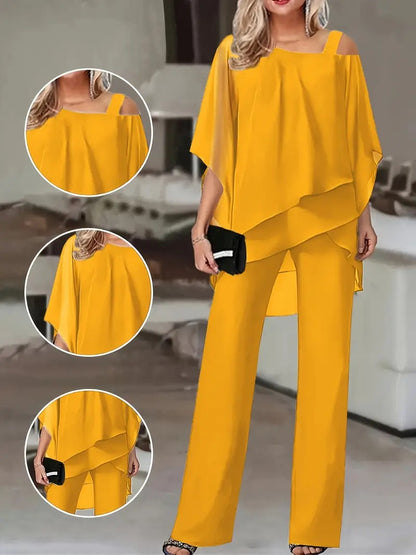 Dames Ensemble Élégant Deux Pièces avec Haut Fluide et Pantalon Évasé Chic und Stil