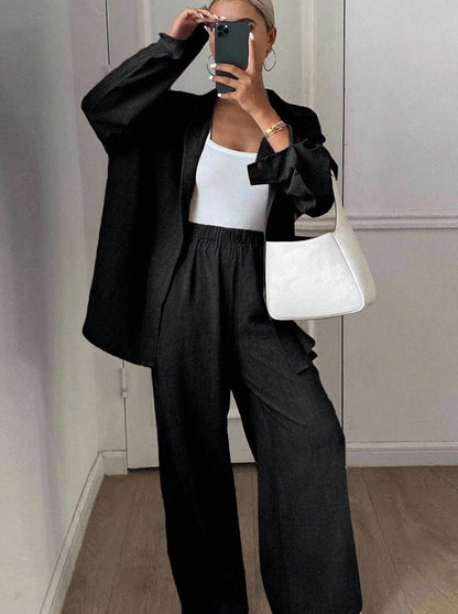 Dames élégant décontracté blouse en lin et large pantalon Chic und Stil