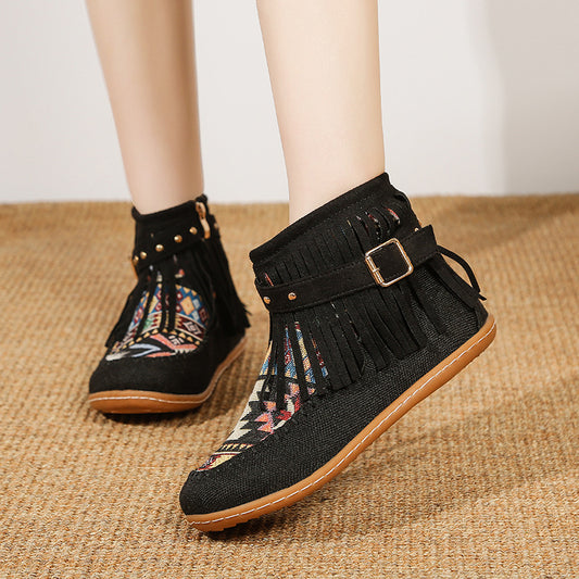 Bottes courtes à franges pour dames en tissu de haute qualité avec un motif ethnique coloré Chic und Stil