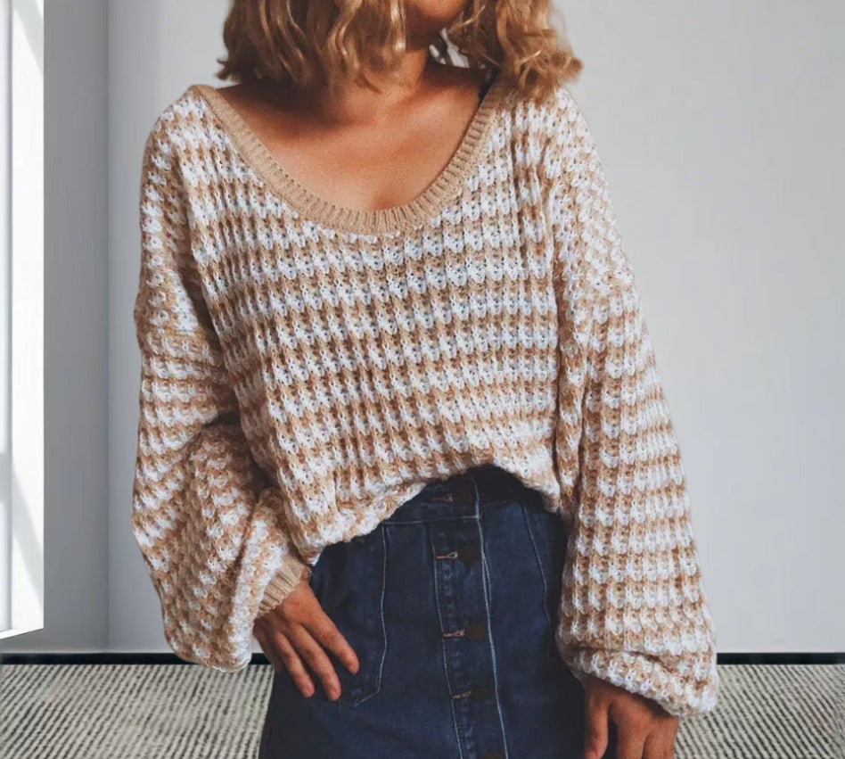 Pull en tricot oversized pour femmes avec design épaule dénudée et motif côtelé à la mode Chic und Stil