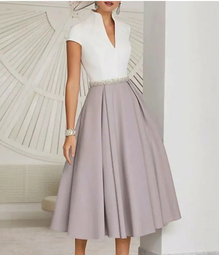 Chic und Stil | White Color Block V-Neck Flared Summer Dress