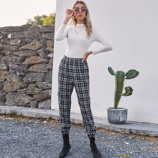 Pantalon à carreaux décontracté pour femmes avec taille élastique et poches simples Chic und Stil