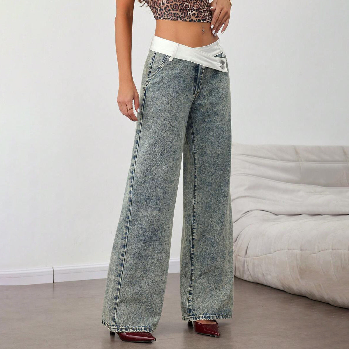 Ladies Flared Denim Pants with Innovative Belt Chic and Style