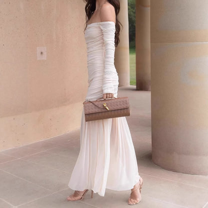 Dames Robe Maxi Élégant Off-Shoulder avec Design Cintré et Jupe Fluide Chic und Stil