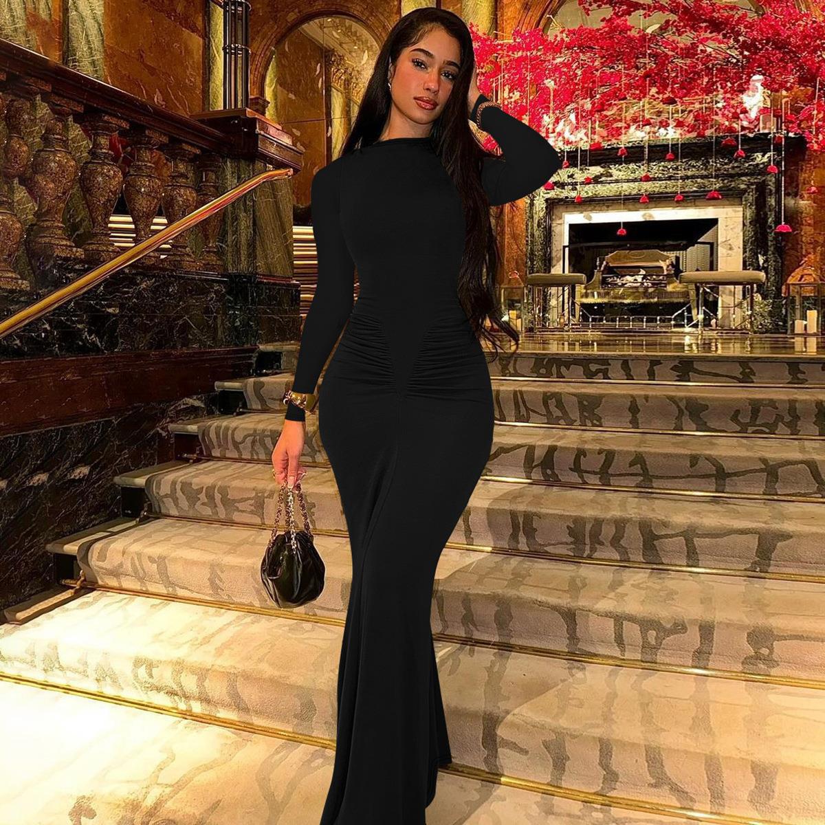Robe maxi élégante pour femmes avec fronces et manches longues Chic und Stil