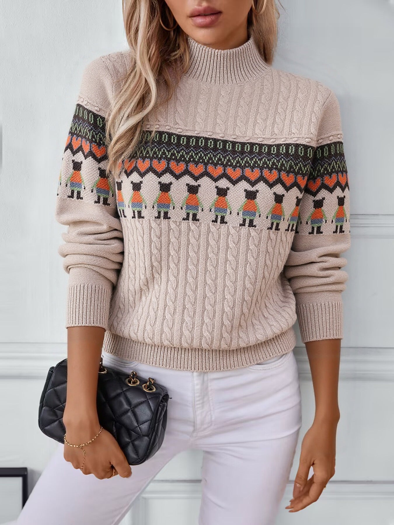 Pull en tricot pour femmes avec motif créatif et col haut Chic und Stil