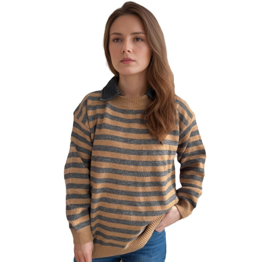 Pull décontracté pour dames avec motif rayé structuré et col à la mode Chic und Stil