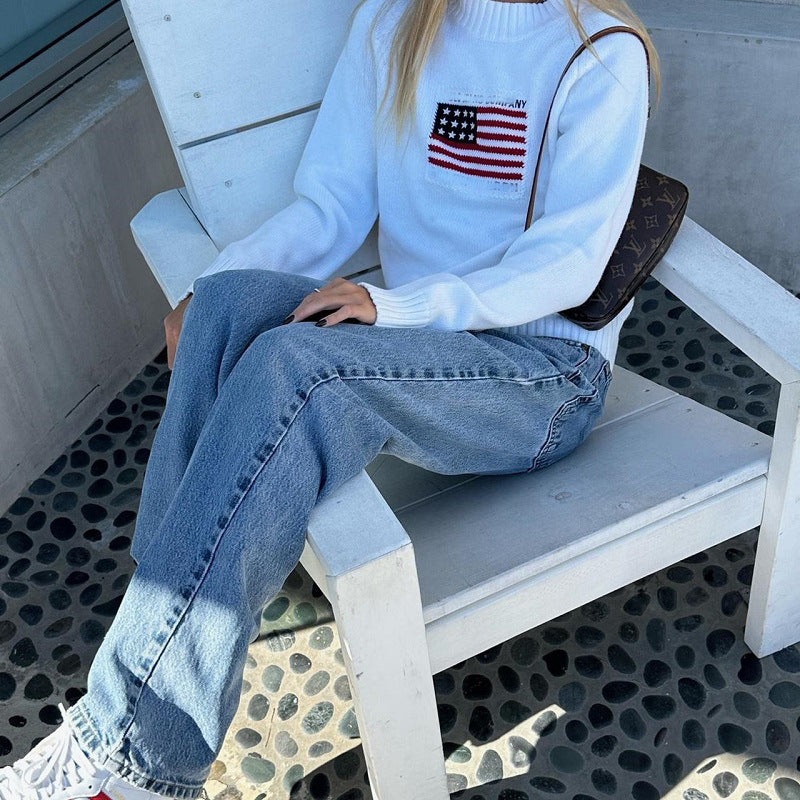 Pull décontracté pour femme avec motif de drapeau créatif et tricot doux Chic und Stil