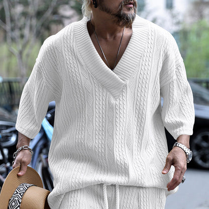 Men's casual knit pullover with V-neck and decorative cable pattern Chic and style