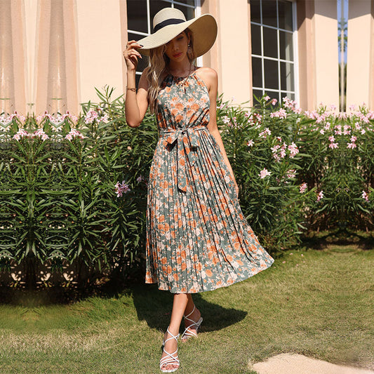 Robe maxi florale pliante pour femmes avec cordon de taille Chic und Stil