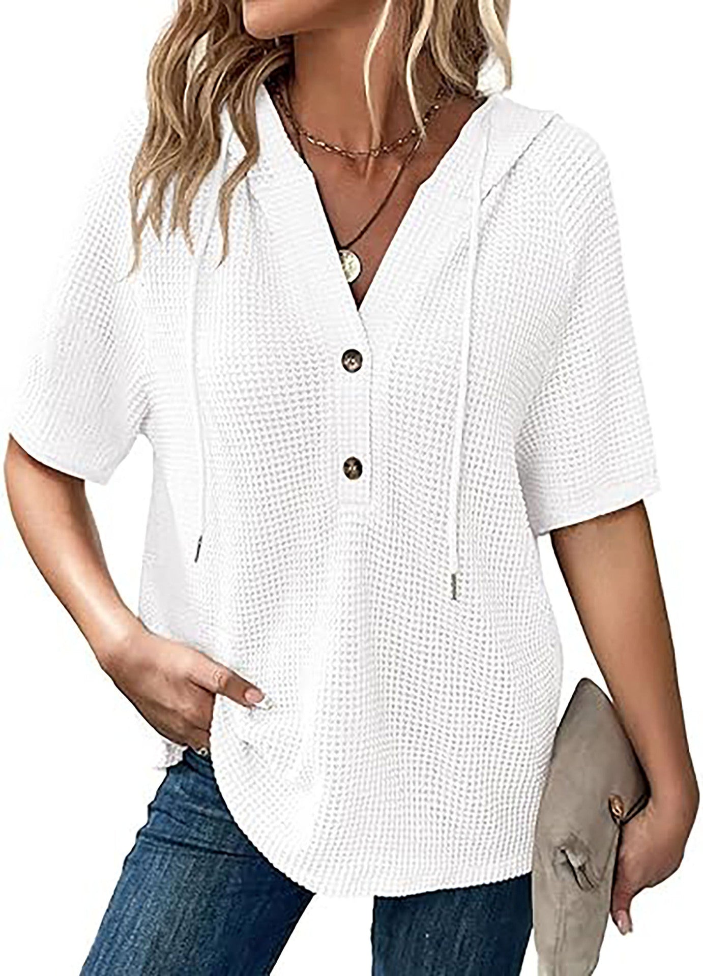 Women's short-sleeved waffle-knit blouse with hood and button placket Chic und Stil
