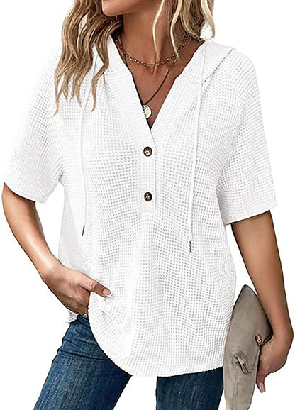 Women's short-sleeved waffle-knit blouse with hood and button placket Chic und Stil