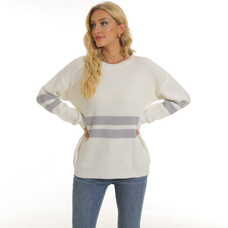 Chunky knit pullover for women with sporty striped pattern and relaxed fit Chic and Style