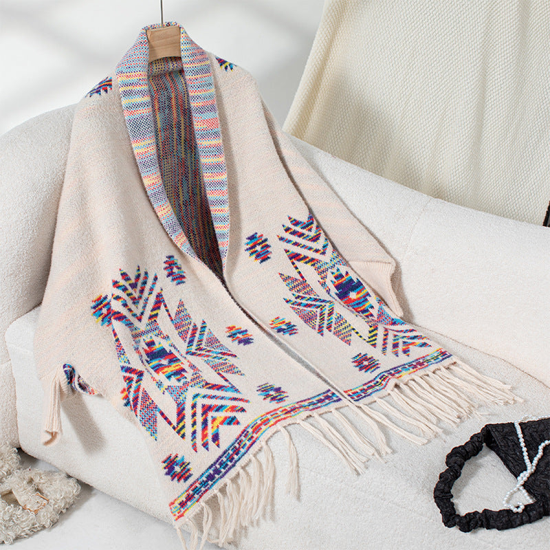 Wool poncho for women with colorful Navajo pattern and fringed hem Chic and Style